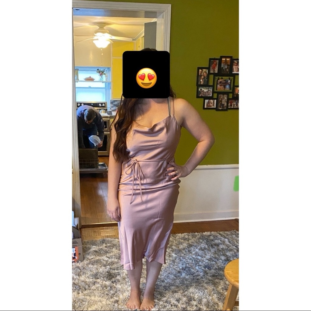 Mauve Silky Midi Cowl Neck Slip Dress with Tie Belt.